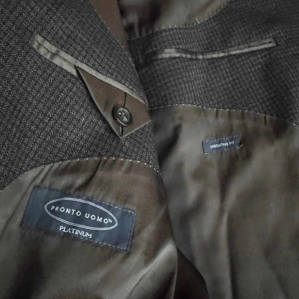 Pronto Uomo Platinum Sport Coat Mens 52L Brown Micro-Check Wool Executive Blazer